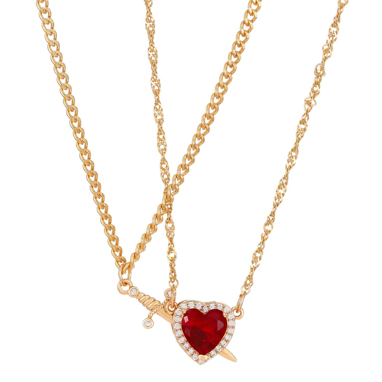 Wholesale  One-Arrow-Through-The-Heart Red Zircon Heart Dagger Pendant  Alloy Necklace