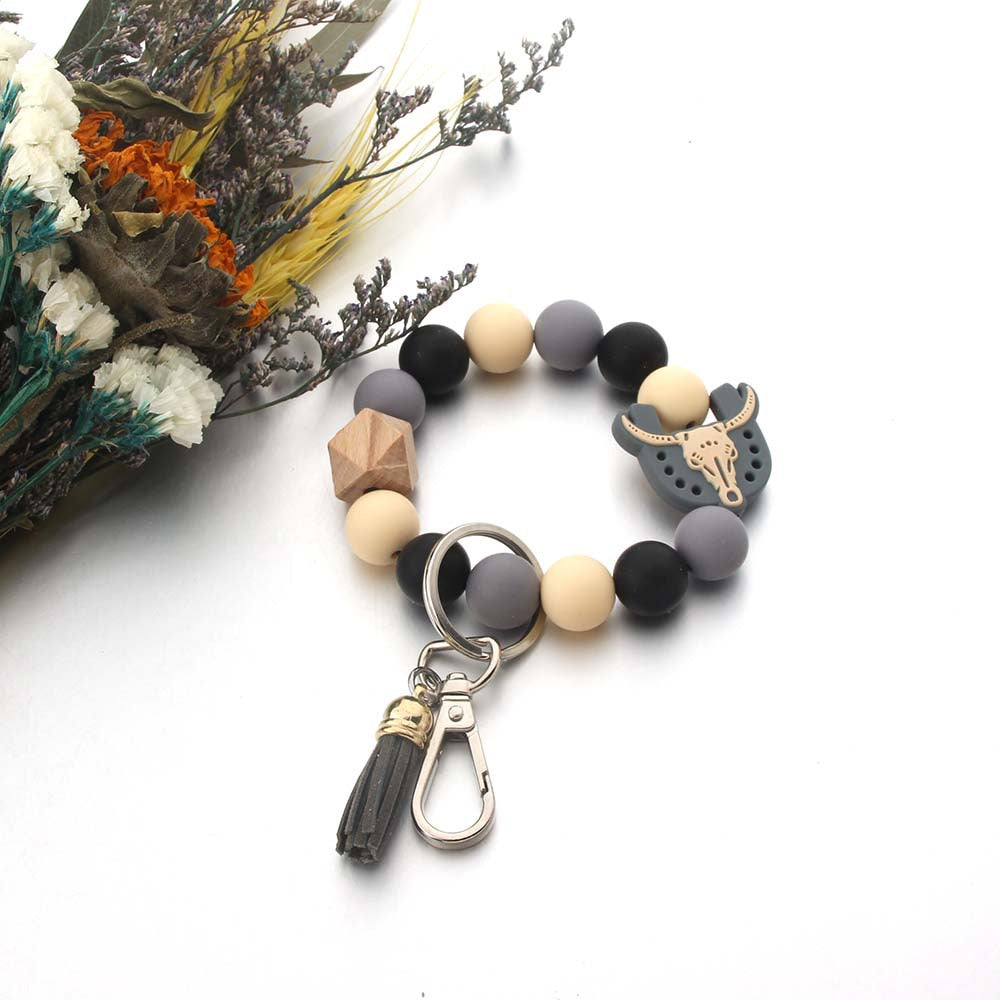 Wholesale Cartoon Bull Head Cow Silicone Beads Wooden Beads Wrist Keychain