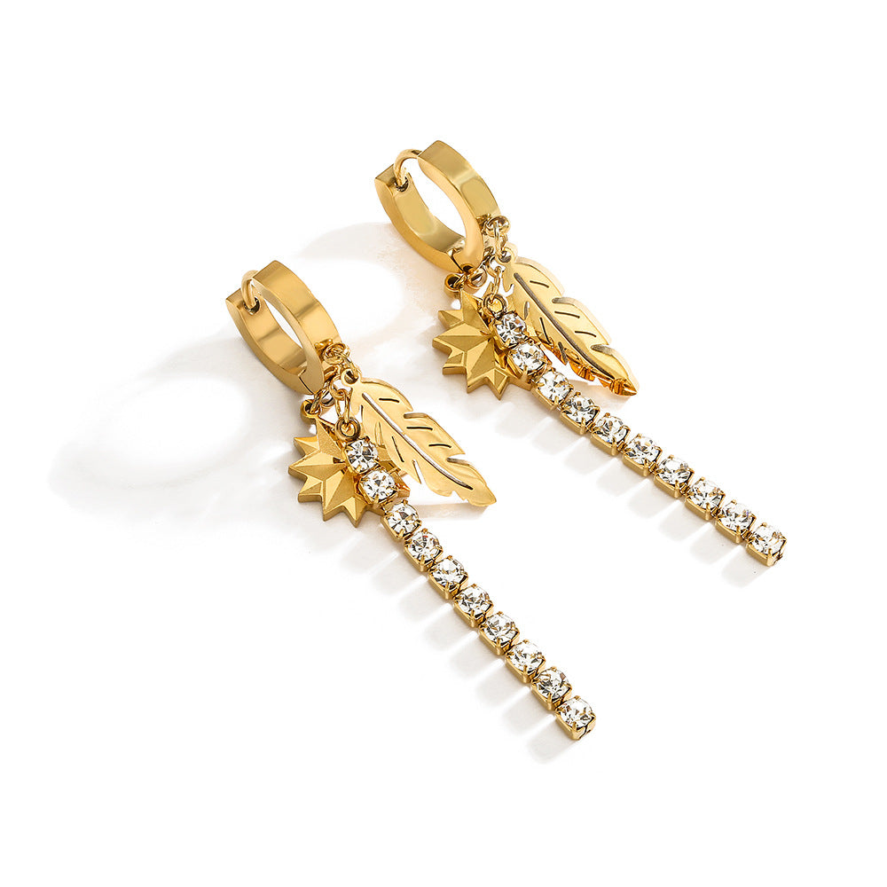 Wholesale Titanium Steel Feather Star Zircon Tassel Earrings
