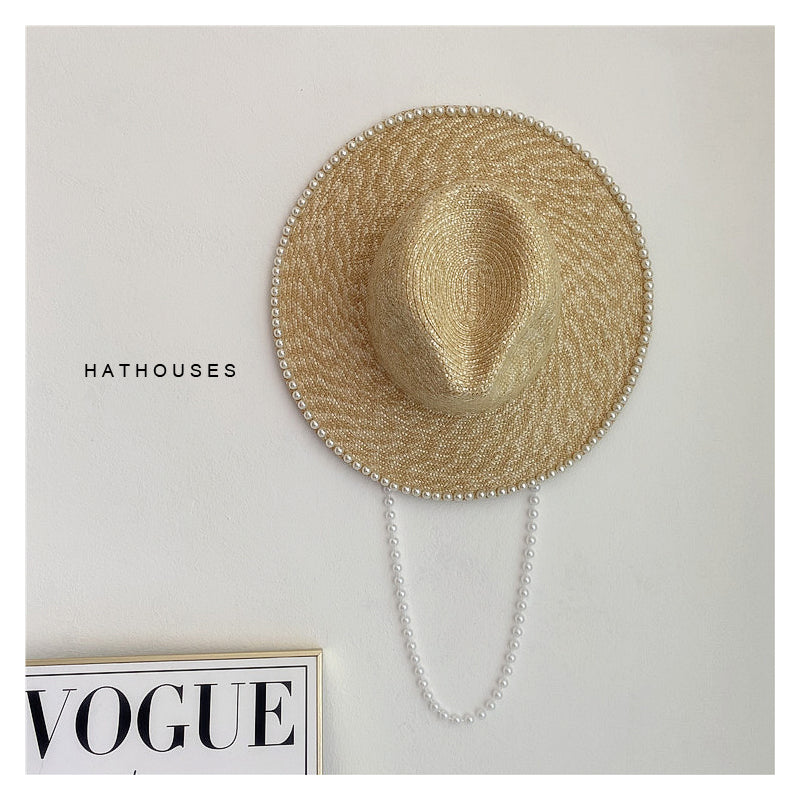 Wholesale Pearl Chain Flat Top Straw Straw Hat