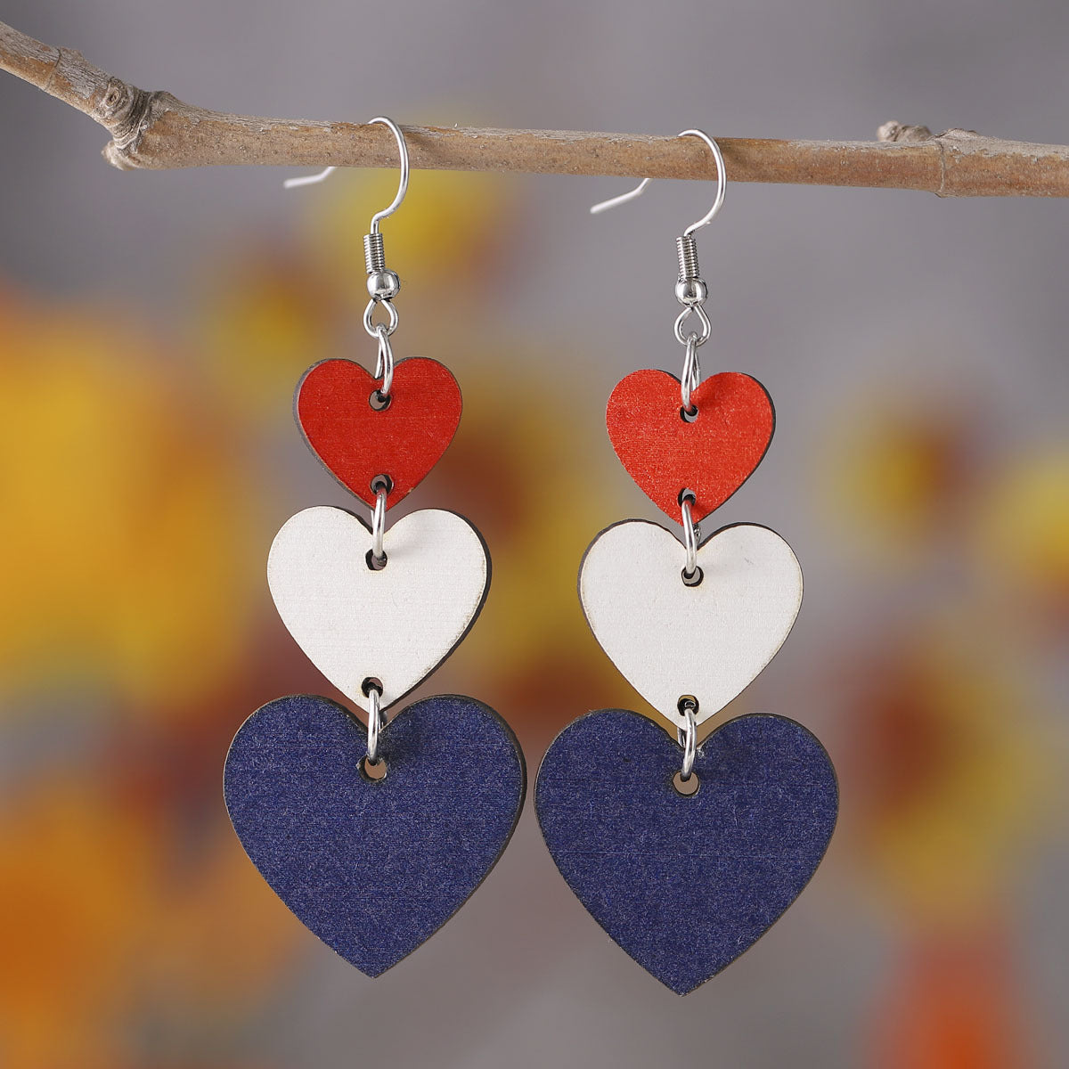 Wholesale Independence Day red White Blue Flag Color Love star wooden earrings