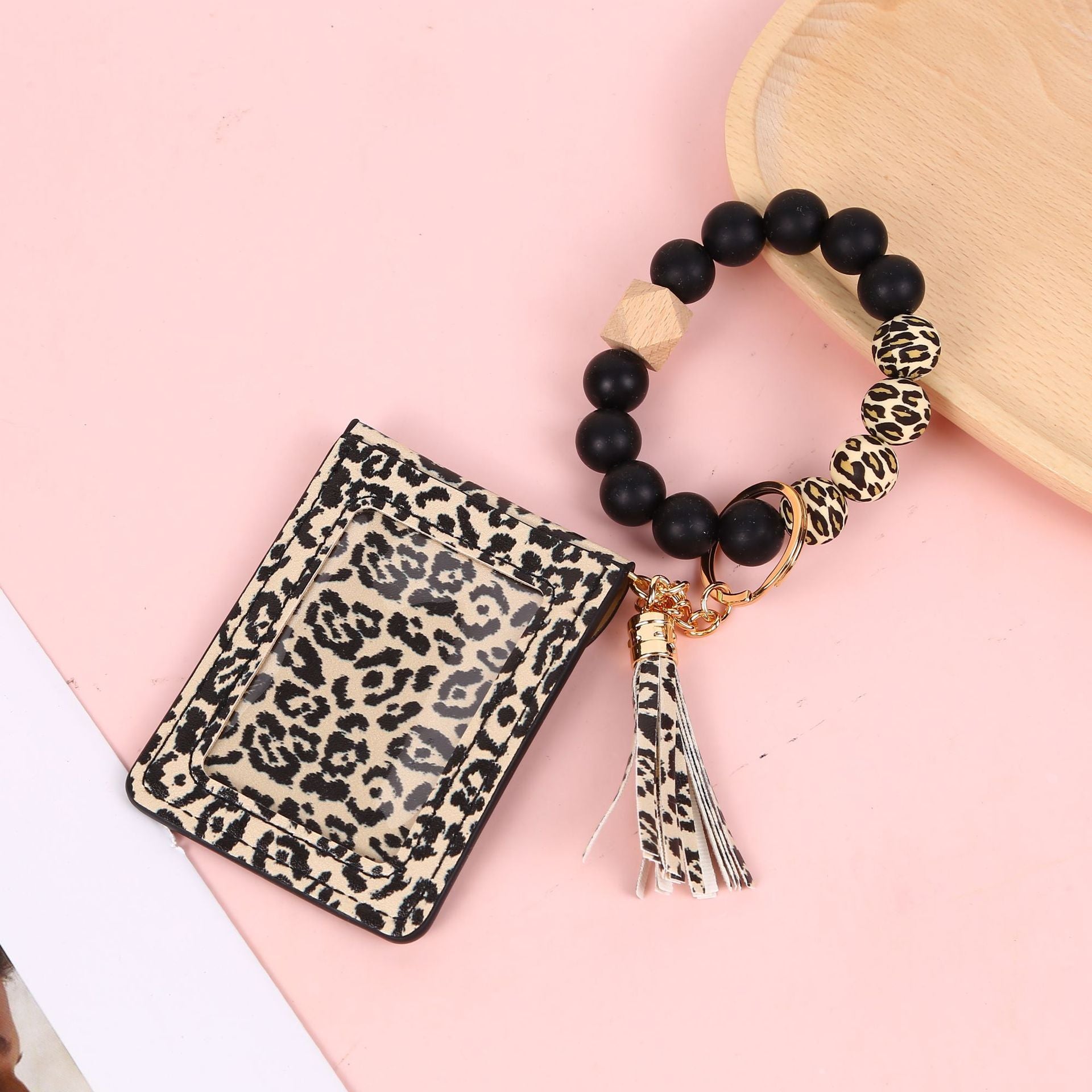 Wholesale Leopard Print Card Holder Silicone Beaded Wrist Keychain