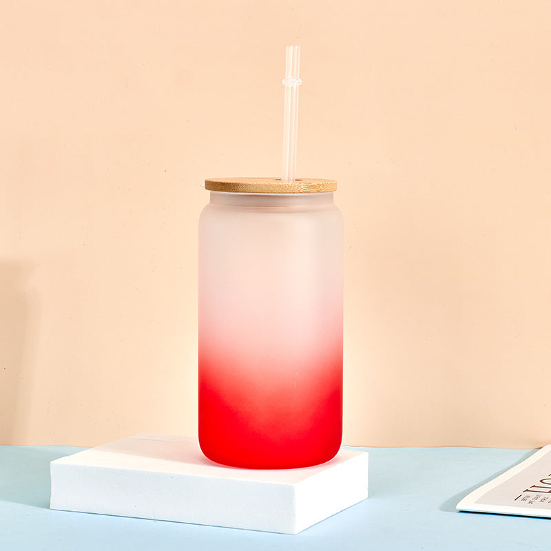 Wholesale Sublimation 16oz Thermal Transfer Frosted Gradient Bamboo Lid Glass