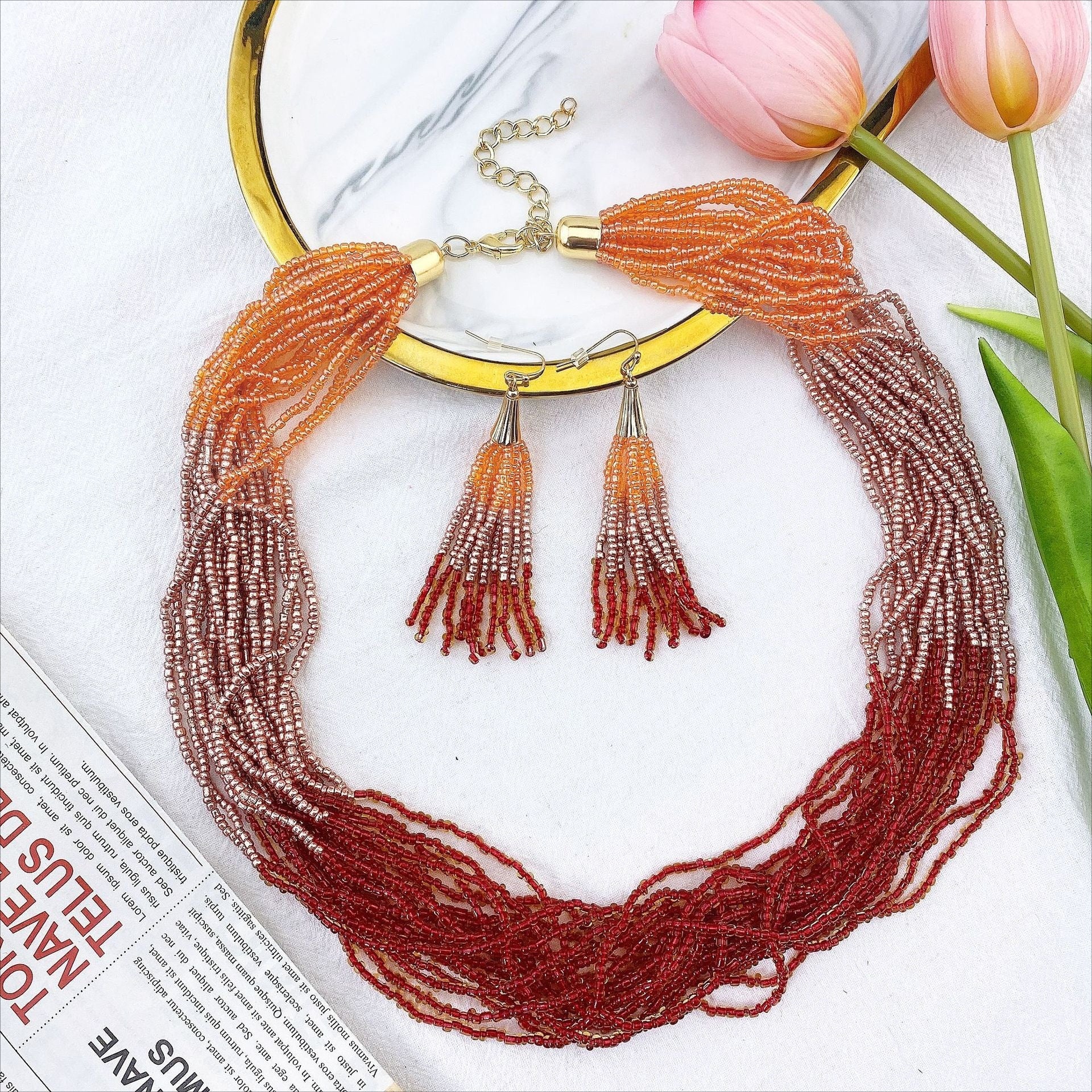 Wholesale Fashion Multi-layer Mixed Color Rice Bead Tassel Earrings Necklace