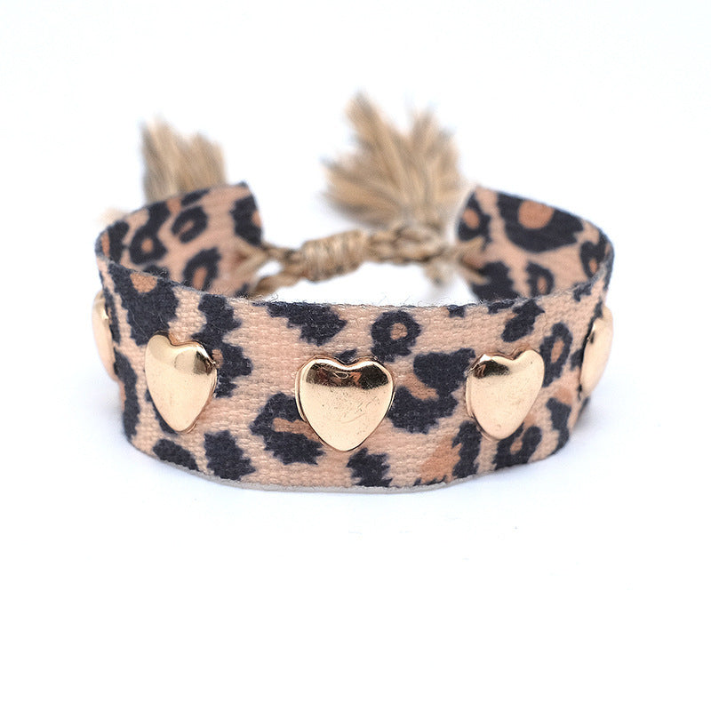 Wholesale Polyester Cord Weaving Leopard Print Love Letter Embroidery Tassel Bracelet