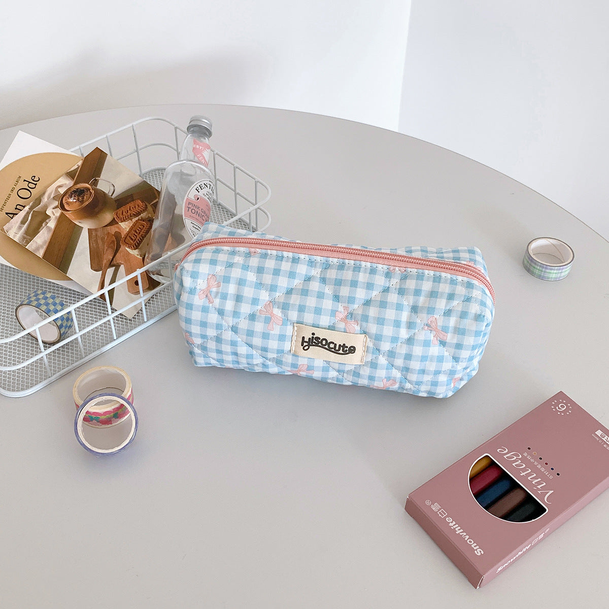 Wholesale  Cream Color Plaid Bow Polyester Pencil Case