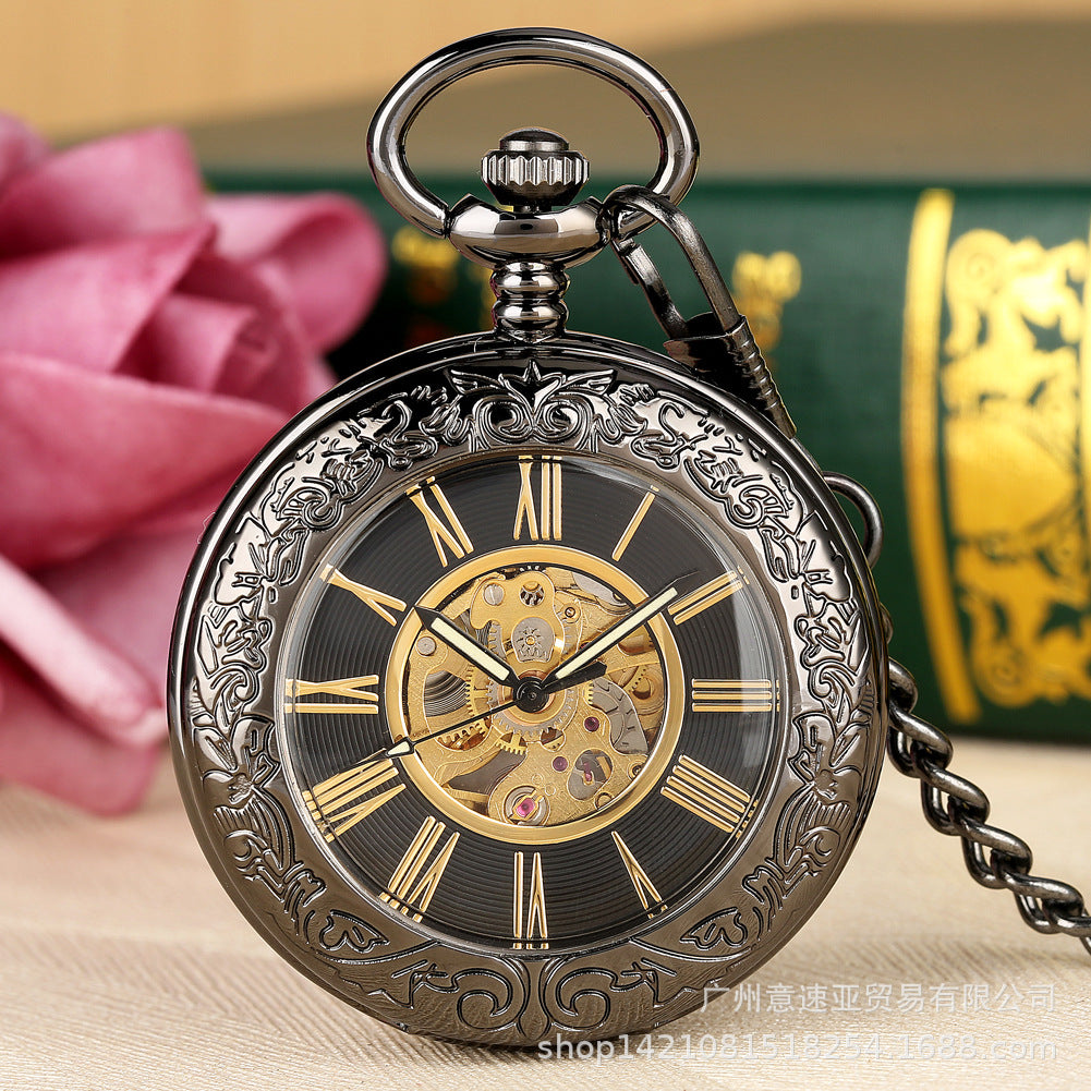 Wholesale Flip cover vintage carved magnifying glass mechanical pocket watch