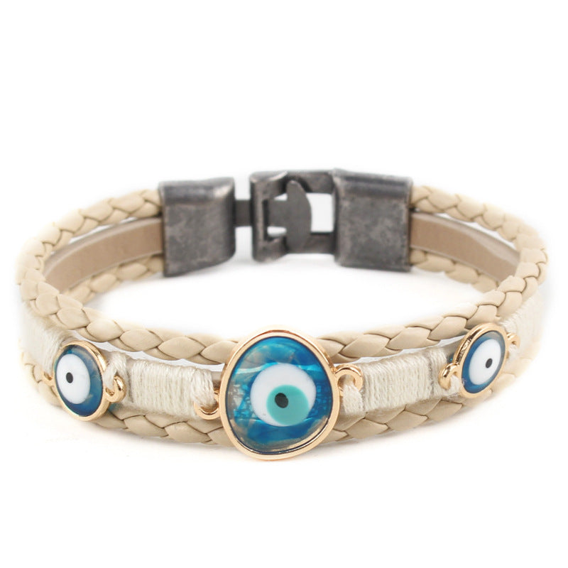 Wholesale Alloy leather multi-layer braided Turkish style blue eye bracelet