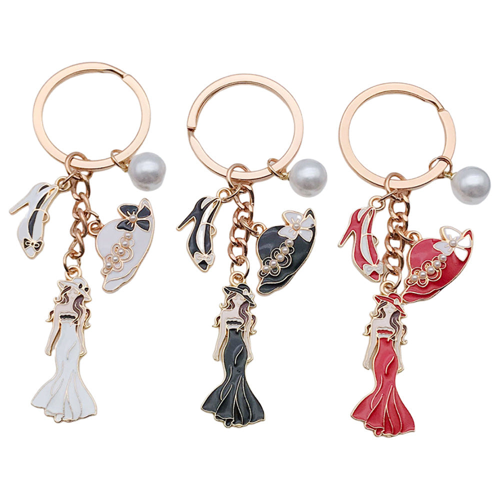 Wholesale Black red and white dress character hat high heels pearl Metal Keychain