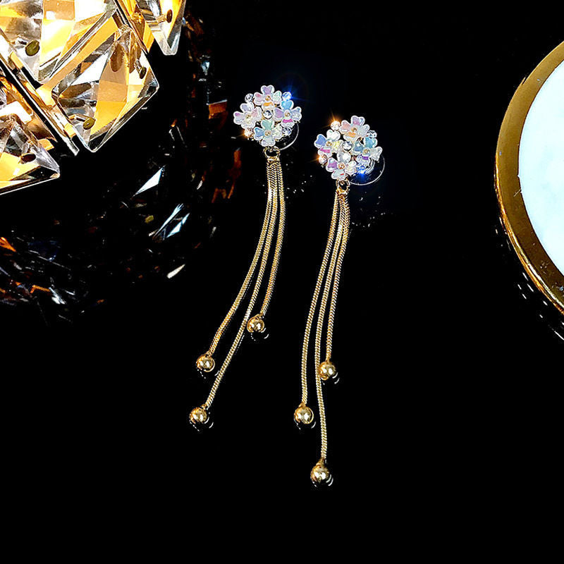 Wholesale Flower Temperament Tassel Silver Needle Diamond Earrings