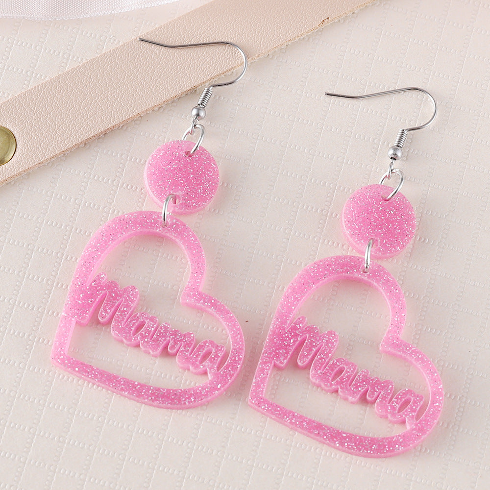 Wholesale Pink MAMA hollow heart disc double-sided earrings