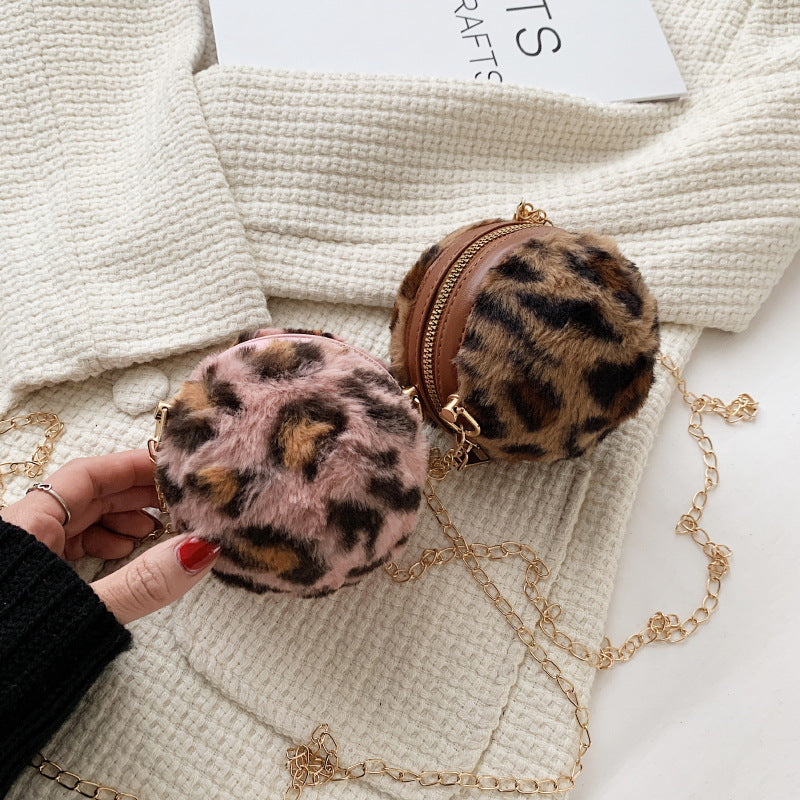 Wholesale Plush Leopard Messenger Round Bag