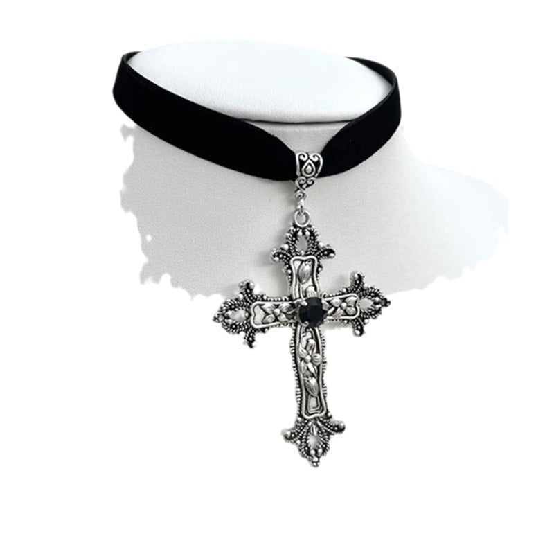 Wholesale Gothic Black Gemstone Cross Velvet Necklace