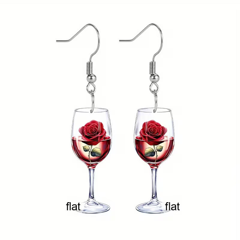 Wholesale Red wine glass and red rose earrings