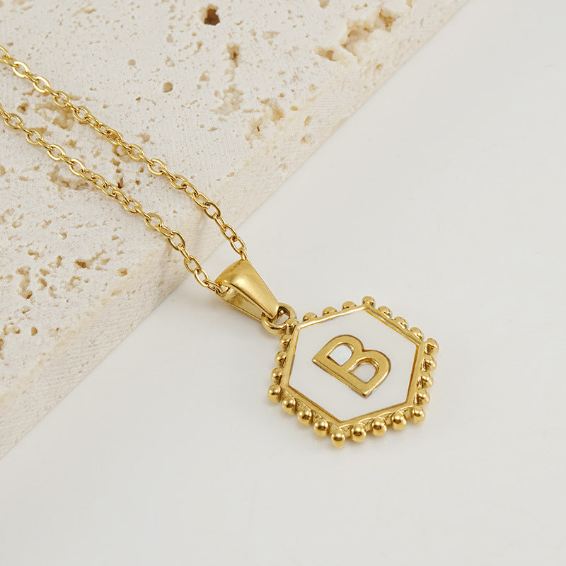 Wholesale Stainless Steel Plated Hexagonal Natural Shell Letter Pendant 18K Necklace