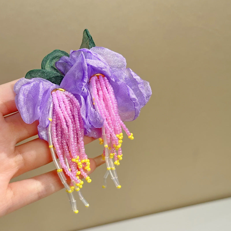 Wholesale Fabric flower super fairy handmade beaded fairy small fresh flower silver needle earrings