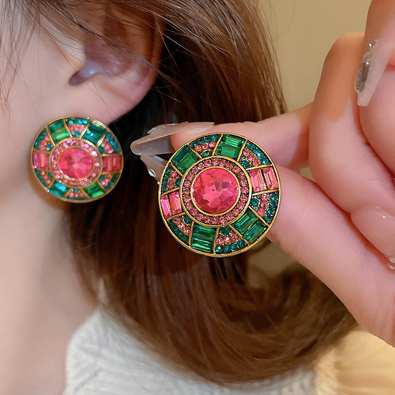 Wholesale Heavy Vintage Diamond Emerald Round Earrings Necklace Set