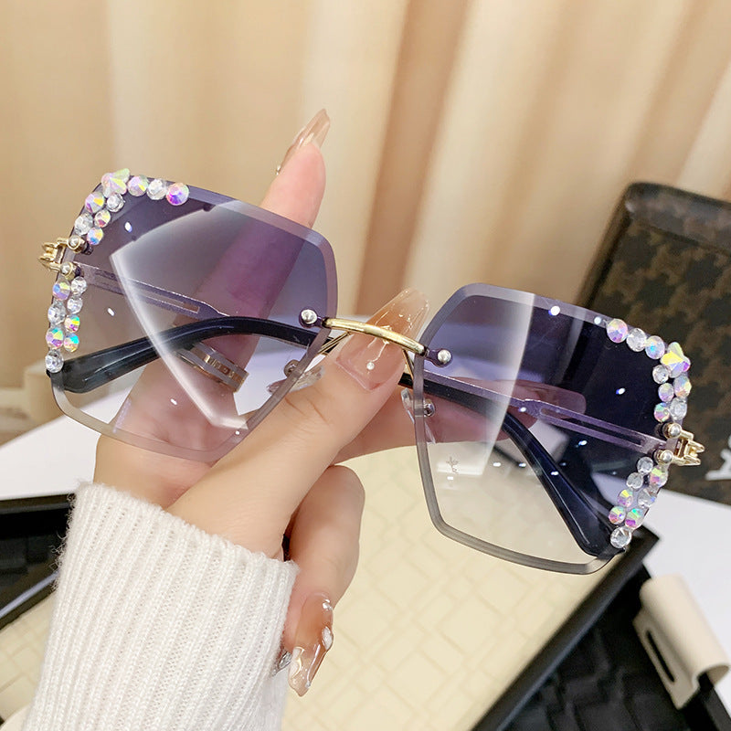 Wholesale Glittery Starry Sky Diamond Large Frame Cut Edge Square Frame Sunglasses