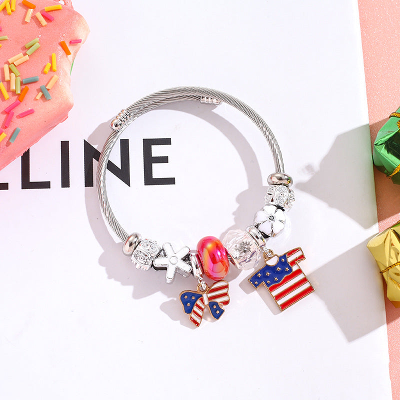 Wholesale American Flag Love Balloon Pendant Stainless Steel Beaded Bracelet