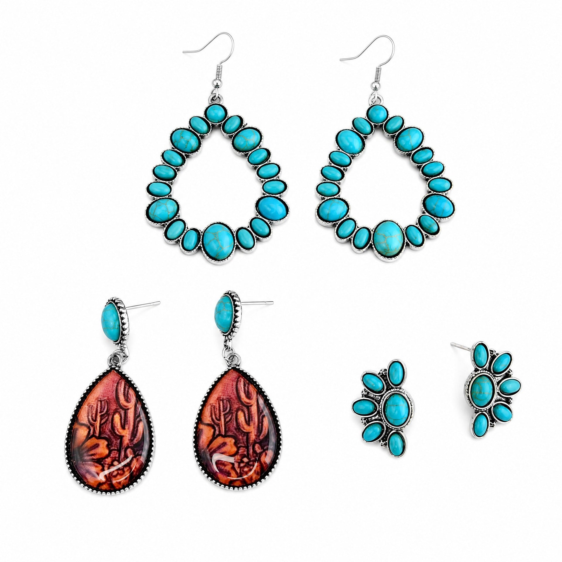 Wholesale Alloy Turquoise Geometric Retro Western Earrings Chic Jewelry Accessory Gift For Casual Wear