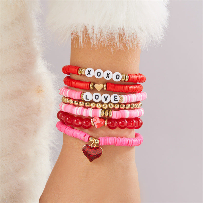 Wholesale Love Soft Ceramic Valentine' s Day Pink Letter  Layered Bracelet Set