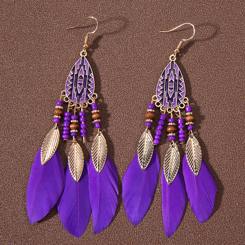 Wholesale Water Drop Tassel Feather Long Bohemian Rice Bead Earrings
