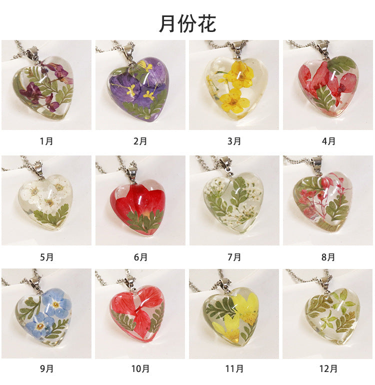 Wholesale 6pcs Monthly Everlasting Flower Resin Epoxy Love Pendant Necklace