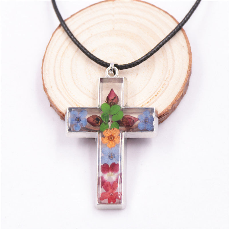Wholesale 6pcs Natural Stone Rose Dried Flower Resin Cross Fashion Necklace