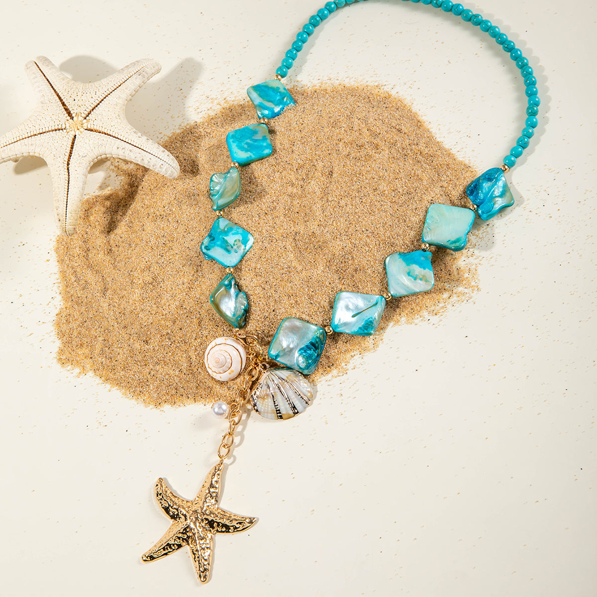 Bohemian Geometric Exaggerated Turquoise Necklace Holiday Style Personalized Starfish Shell Clavicle Chain