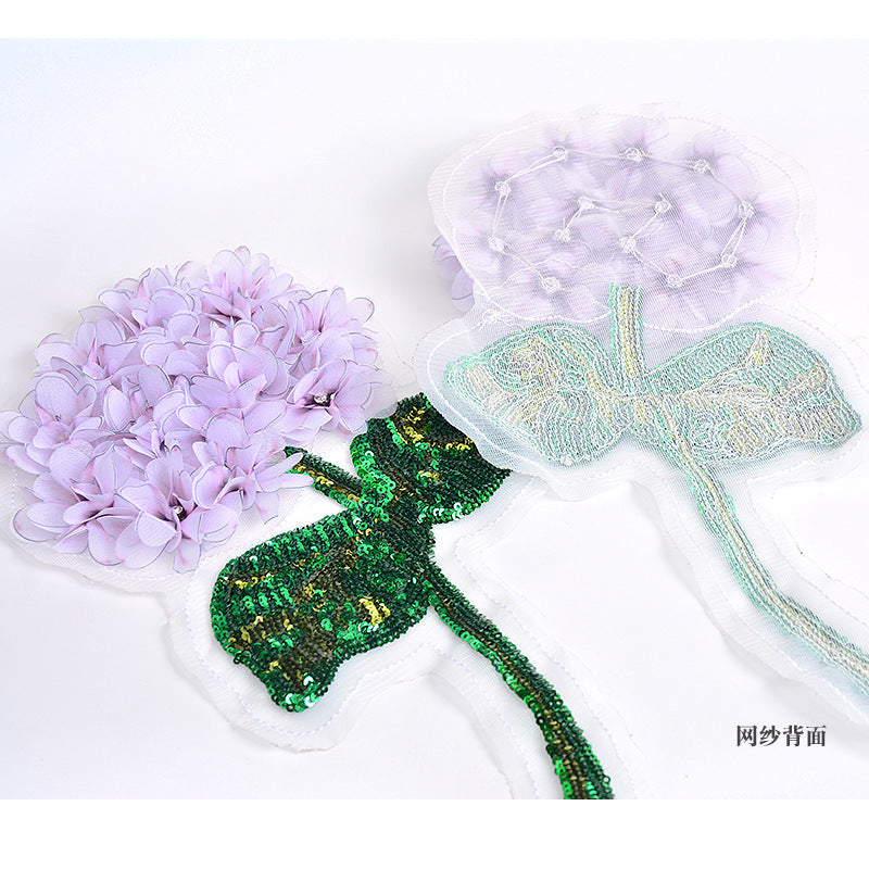 Wholesale Trendy Purple Sequined Hydrangea Applique Patch Hand Sewn Beaded Embroidery DIY Craft Supply For Coat Decoration