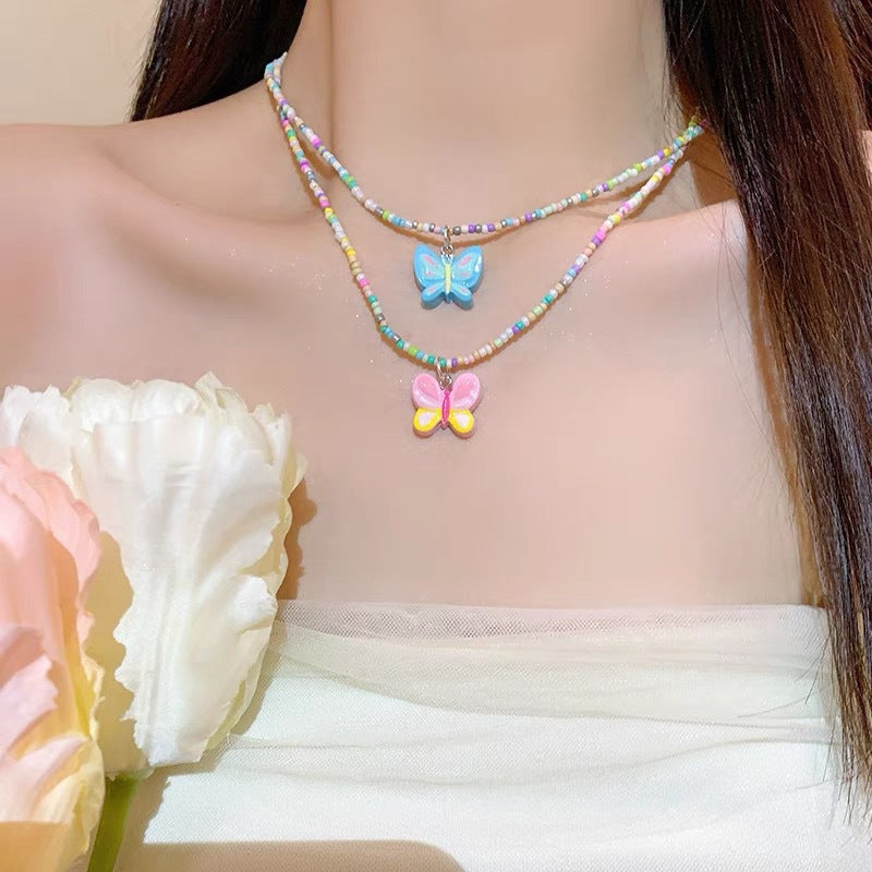 Wholesale Colorful Beaded Butterfly Necklace Collar Chain