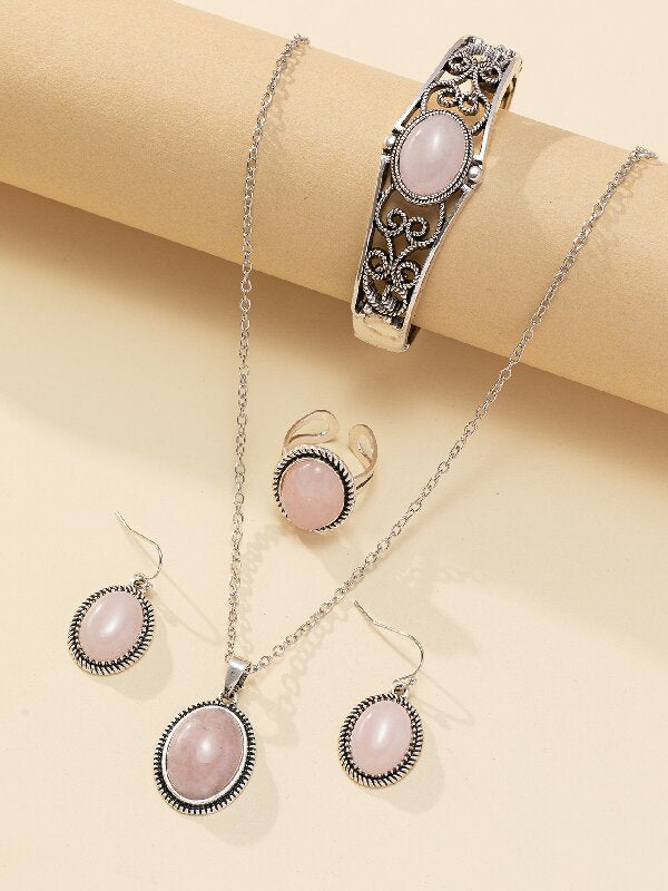 Wholesale Ethnic style four-piece natural stone tiger eye stone necklace earrings ring bracelet jewelry set