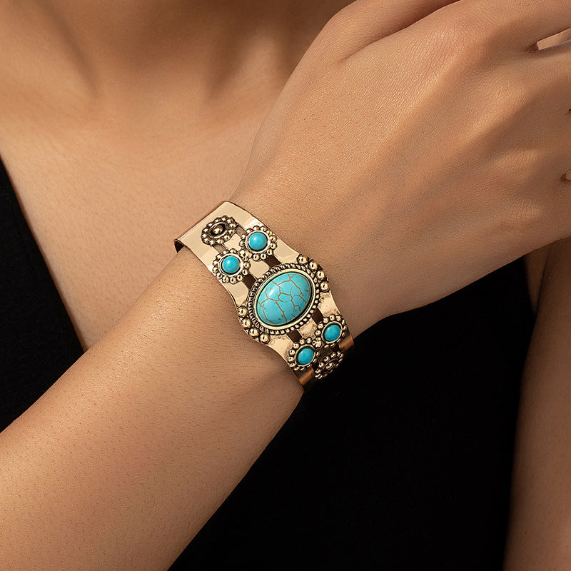 Wholesale Gold Tone Alloy Open Cuff Bracelet French Vintage Palace Style With Turquoise Accent Women S Everyday Fashion Accessory