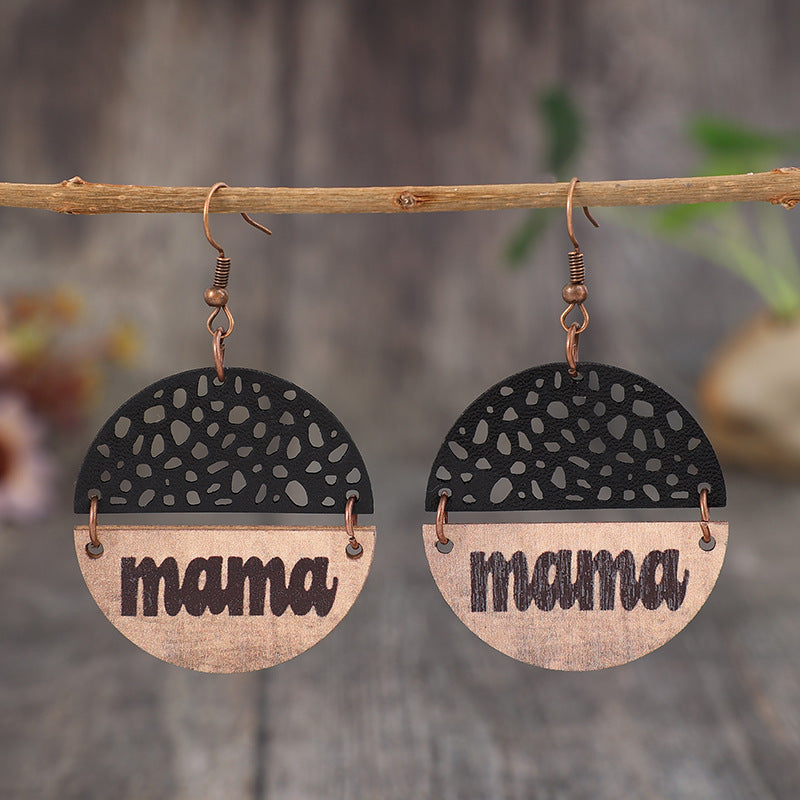 Wholesale Mother's Day Retro Wood Leather Letter Mom Round Earrings