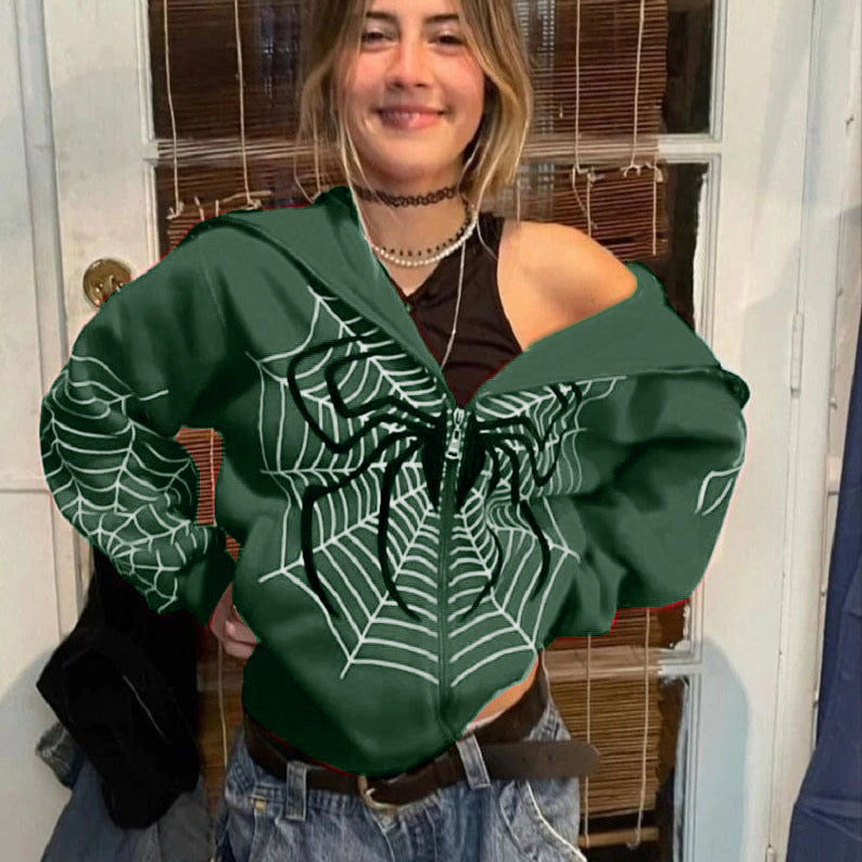 Wholesale Polyester Spider Web Zipper Sweater Casual Hoodie Spring and Autumn Fleece American Coat Top