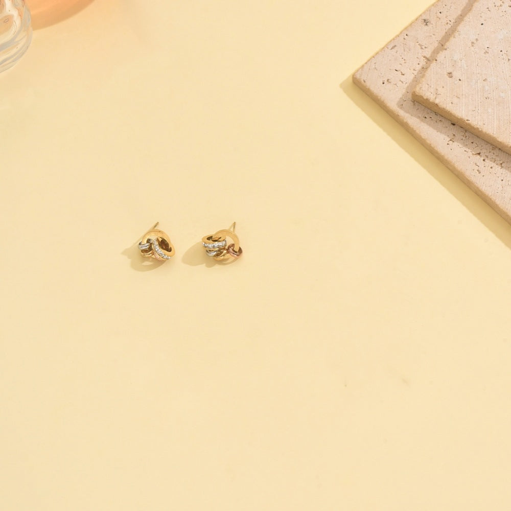 Wholesale Stainless steel gold double ring linked artificial zircon necklace  bracelet  and earrings