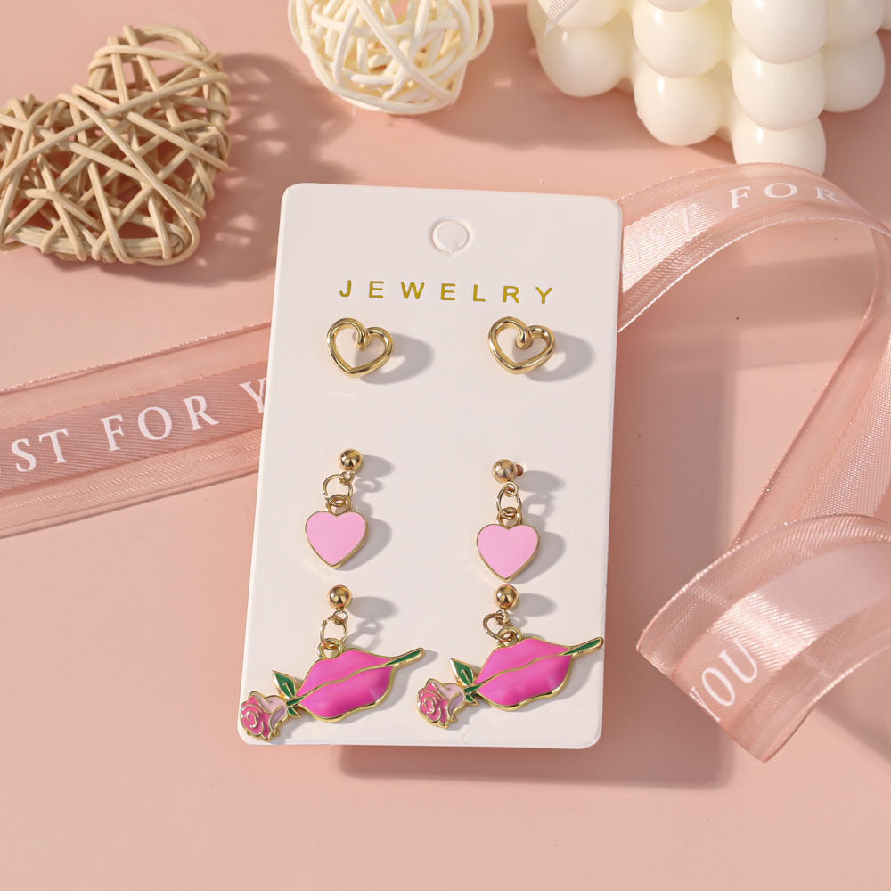 Wholesale Valentine' s Day Rose Red Lips Earring Set