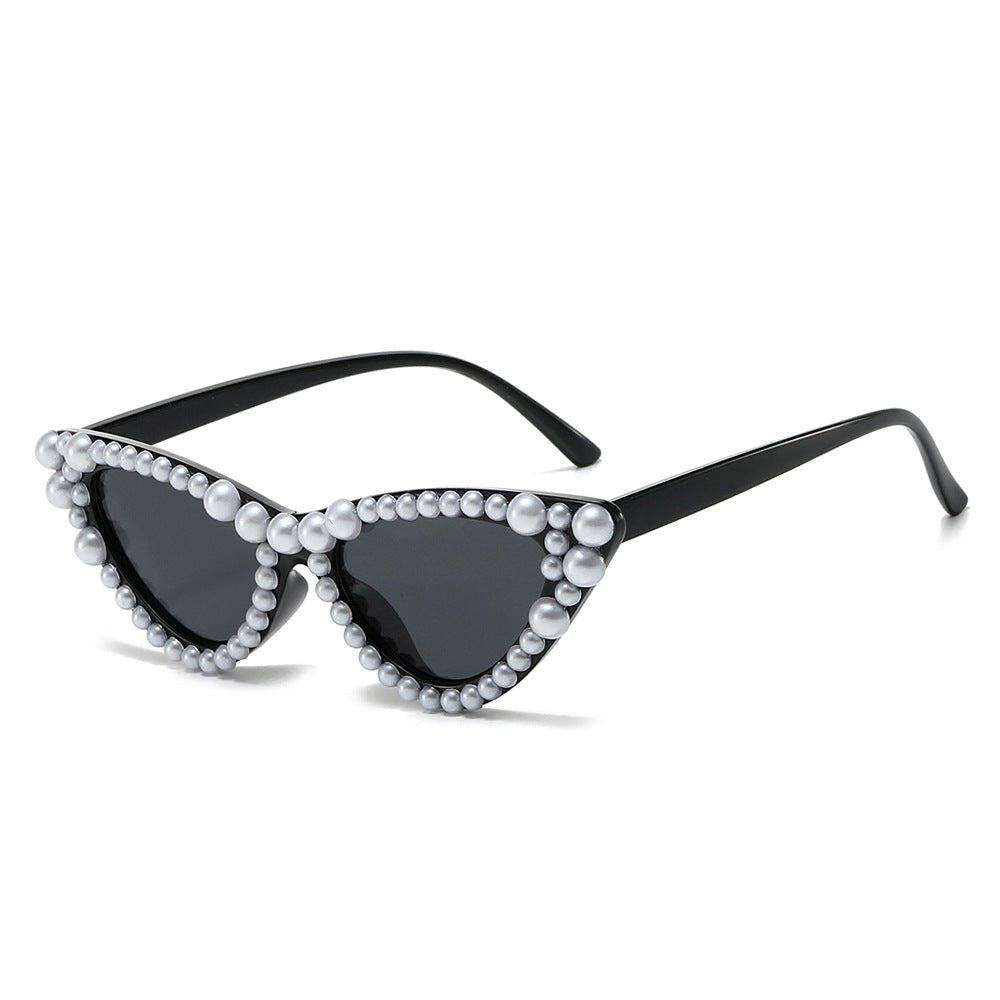 Wholesale Handmade Fashion Imitation Pearl Hip -hop Cat's Eye Inlaid Sunglasses