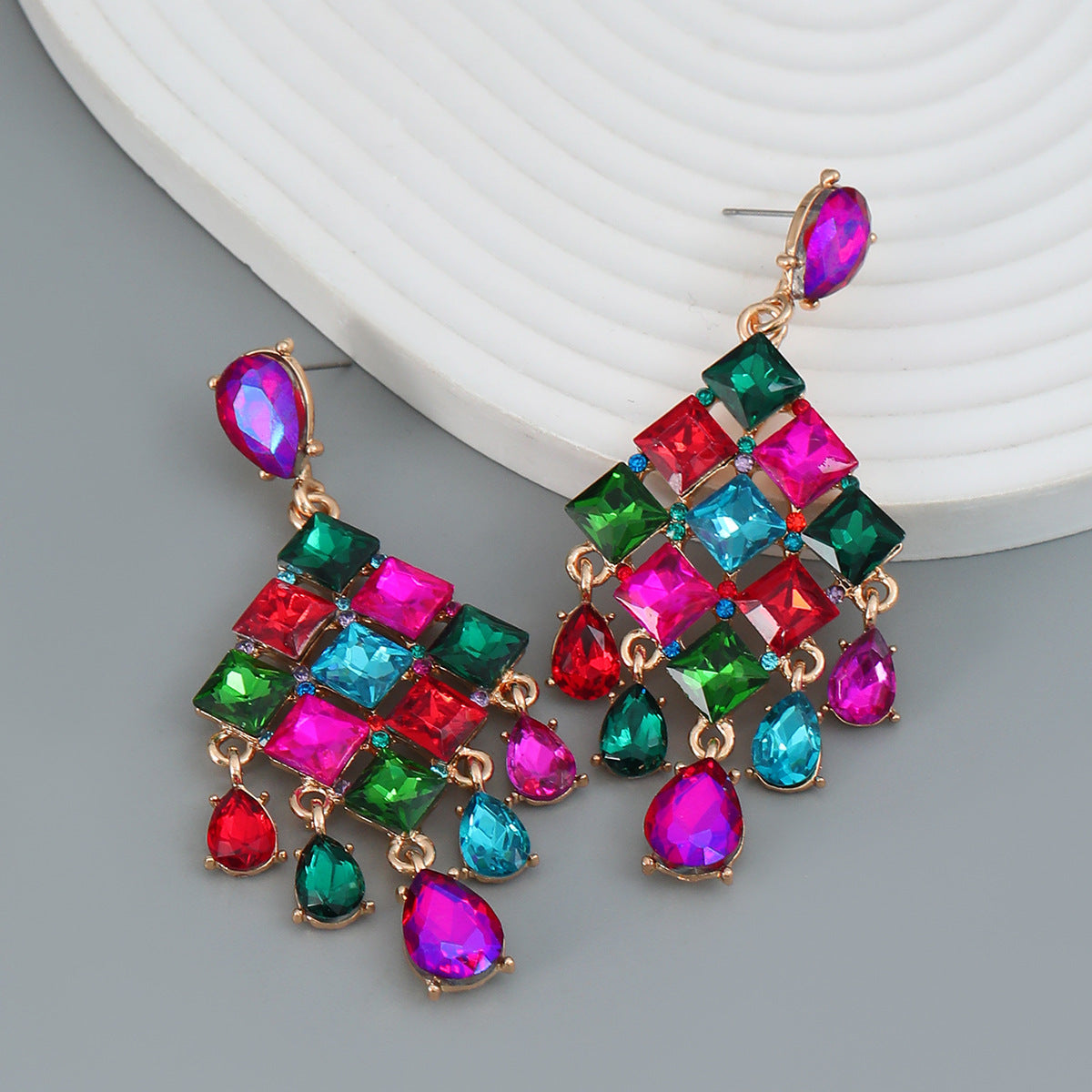 Wholesale Alloy Color Diamond Full Diamond Drop Shape Tassel Gemstone Earrings