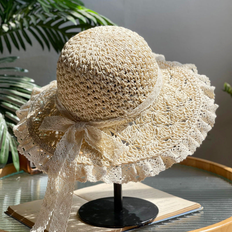 Wholesale Summer Lace Folding Straw Hat Hand-woven Hollow Bow Sun Hat