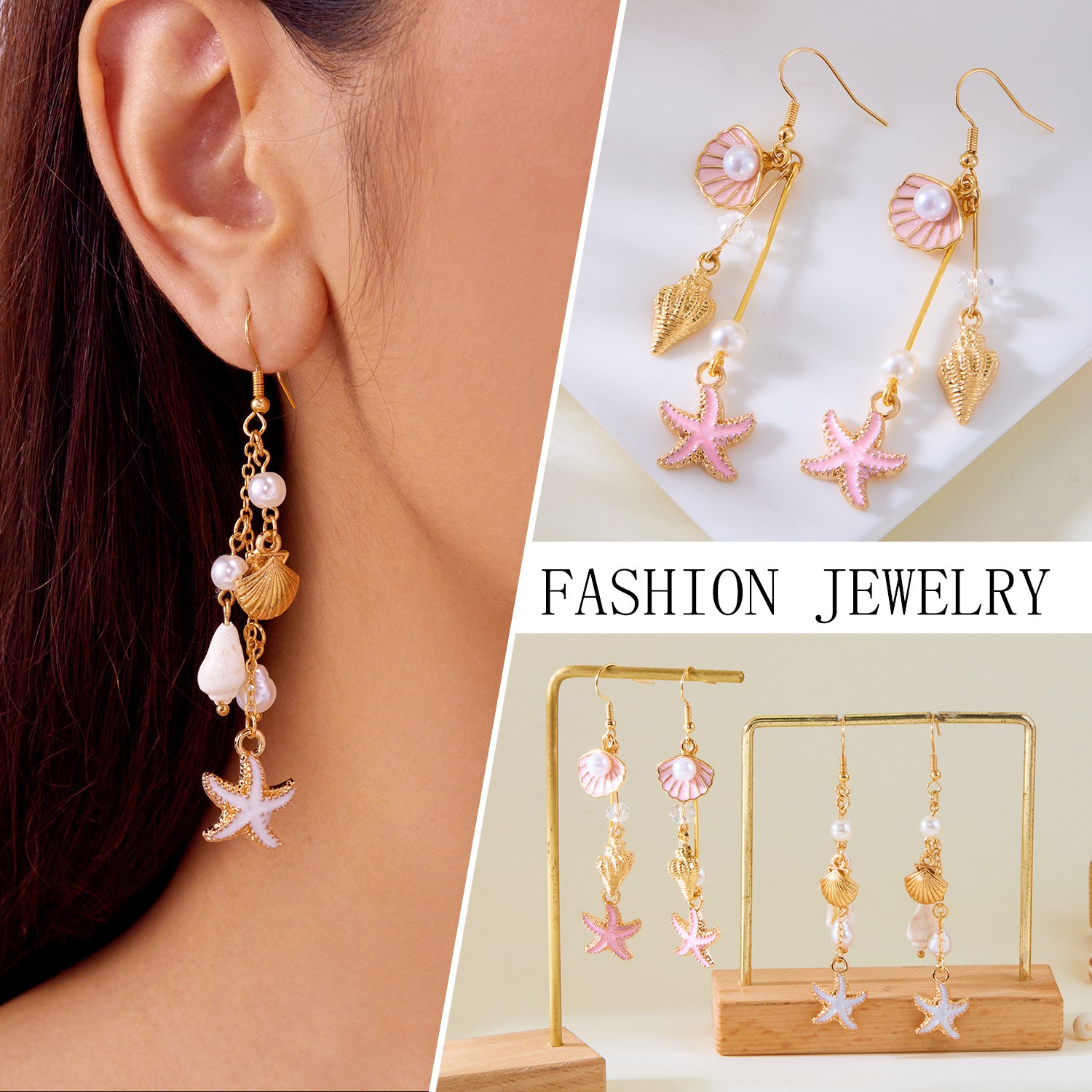 Wholesale Summer Fresh Conch Shell Starfish Long Pearl Tassel Earrings