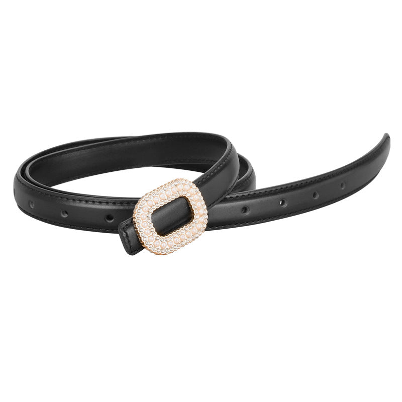 Wholesale Versatile Genuine Leather Belt with Round Buckle Inlaid with Pearls and Rhinestones