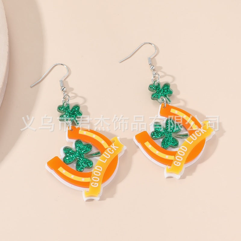 Wholesale St. Patrick's Day Carnival Personalized Green Acrylic Glitter Clover Earrings