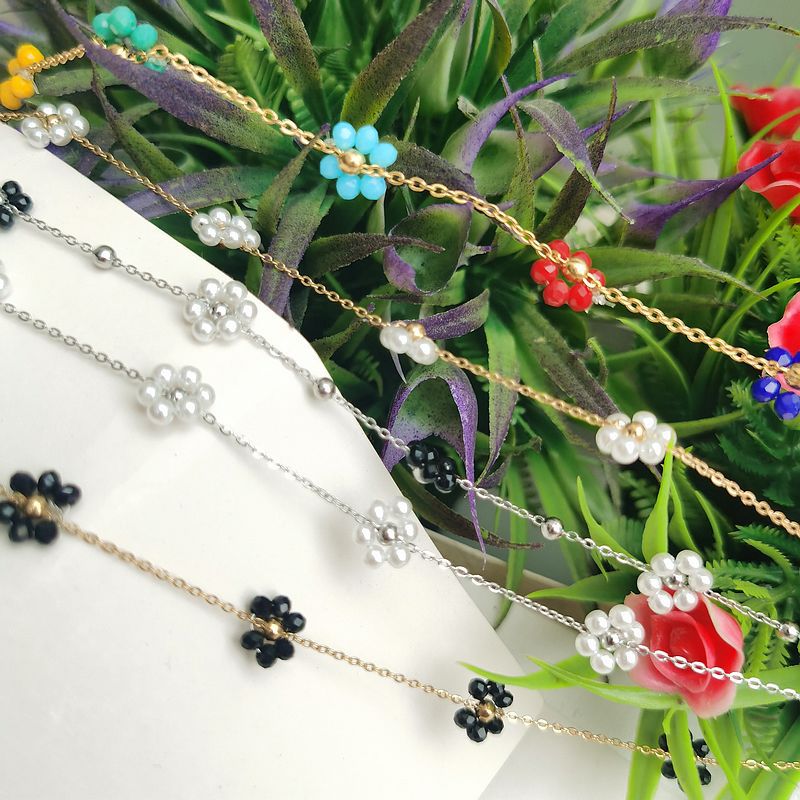 Wholesale DIY Material Golden Cross Titanium Steel Chain Hand-woven Copper Beads Crystal Small Flower Loose Chain Necklace Earrings Accessories