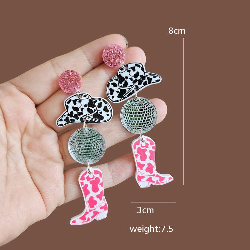 Wholesale Valentine's Day Cowboy Pink Hat Boots Disco Ball Acrylic Earrings