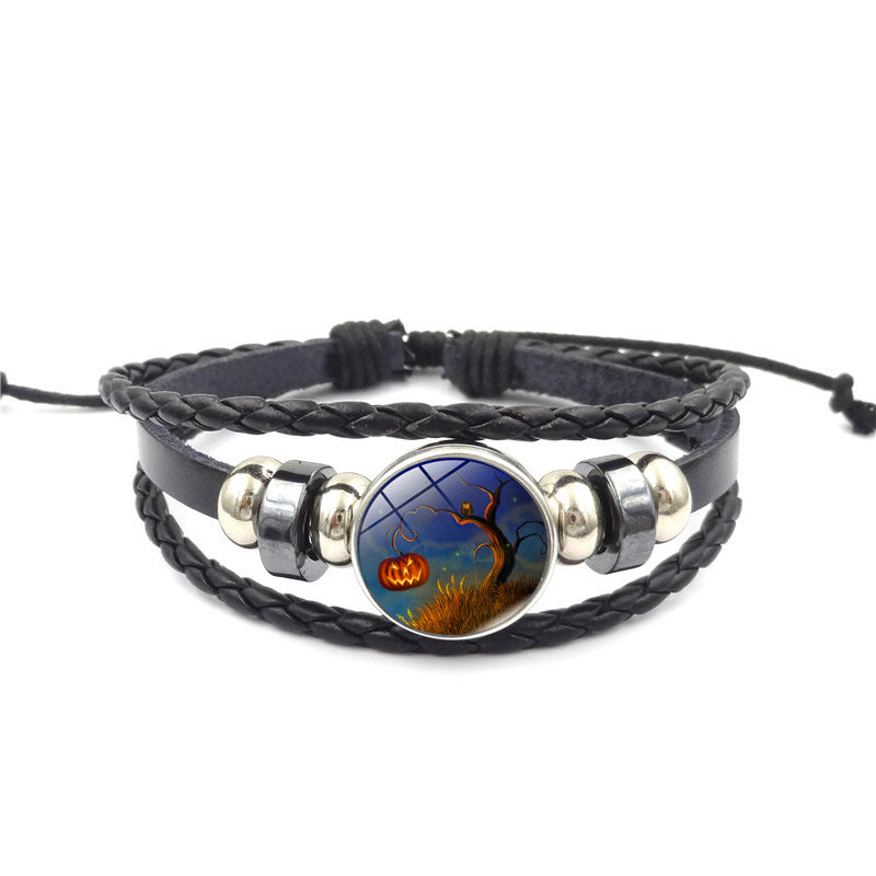 Wholesale Halloween Pumpkin Time Stone Leather Beaded Alloy Bracelet