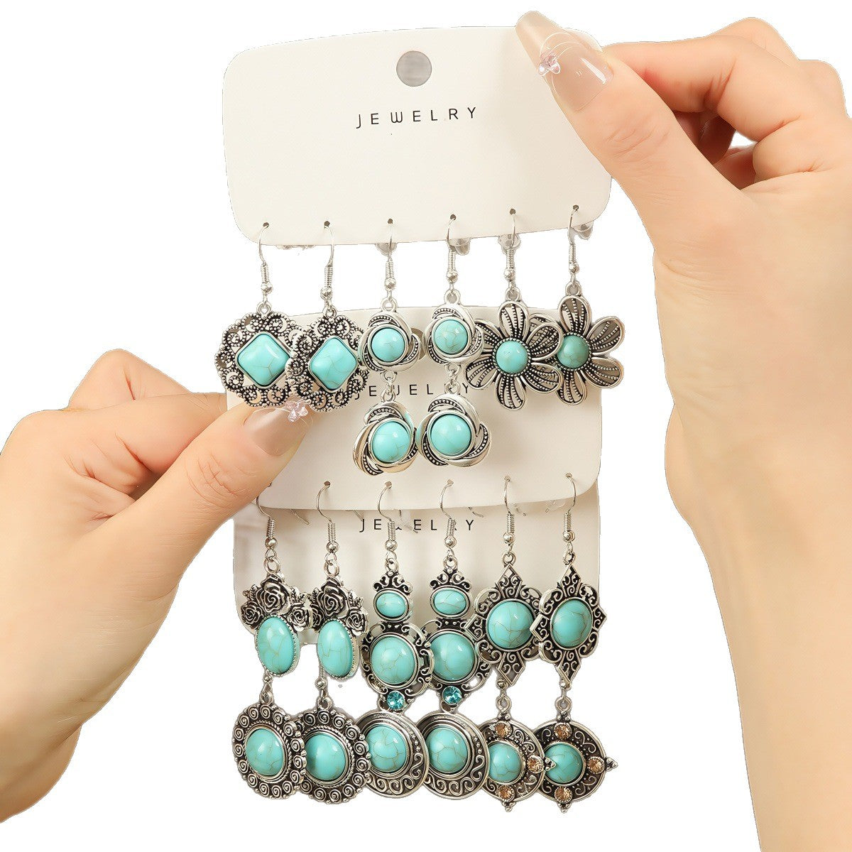 Wholesale Retro Ethnic Geometric Turquoise Tassel Earrings Antique Silver Finish Trendy Jewelry Accessory For Gift And Boutique Resale