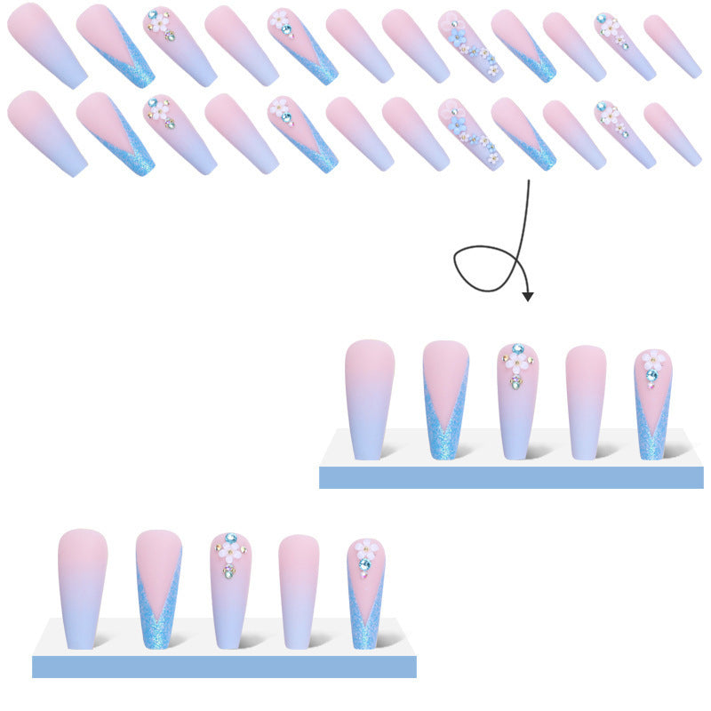 Gradiente de flor blanca larga al por mayor con diamantes cinco pegatinas de uñas francesas de flores pétalos