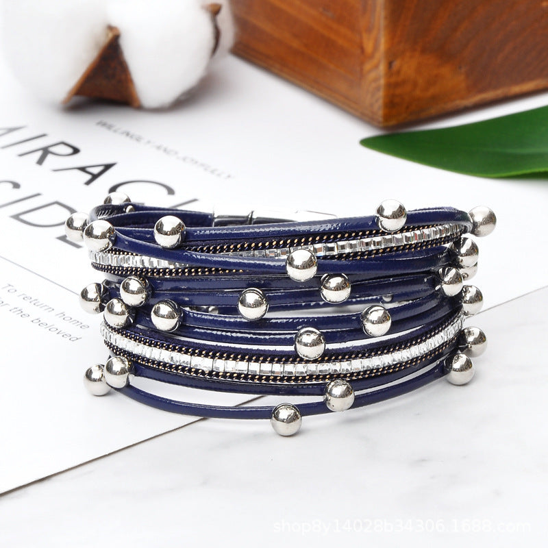 Wholesale Geometric Asymmetrical Inlaid Pearl Multi-Layered Leather Adjustable Bracelet