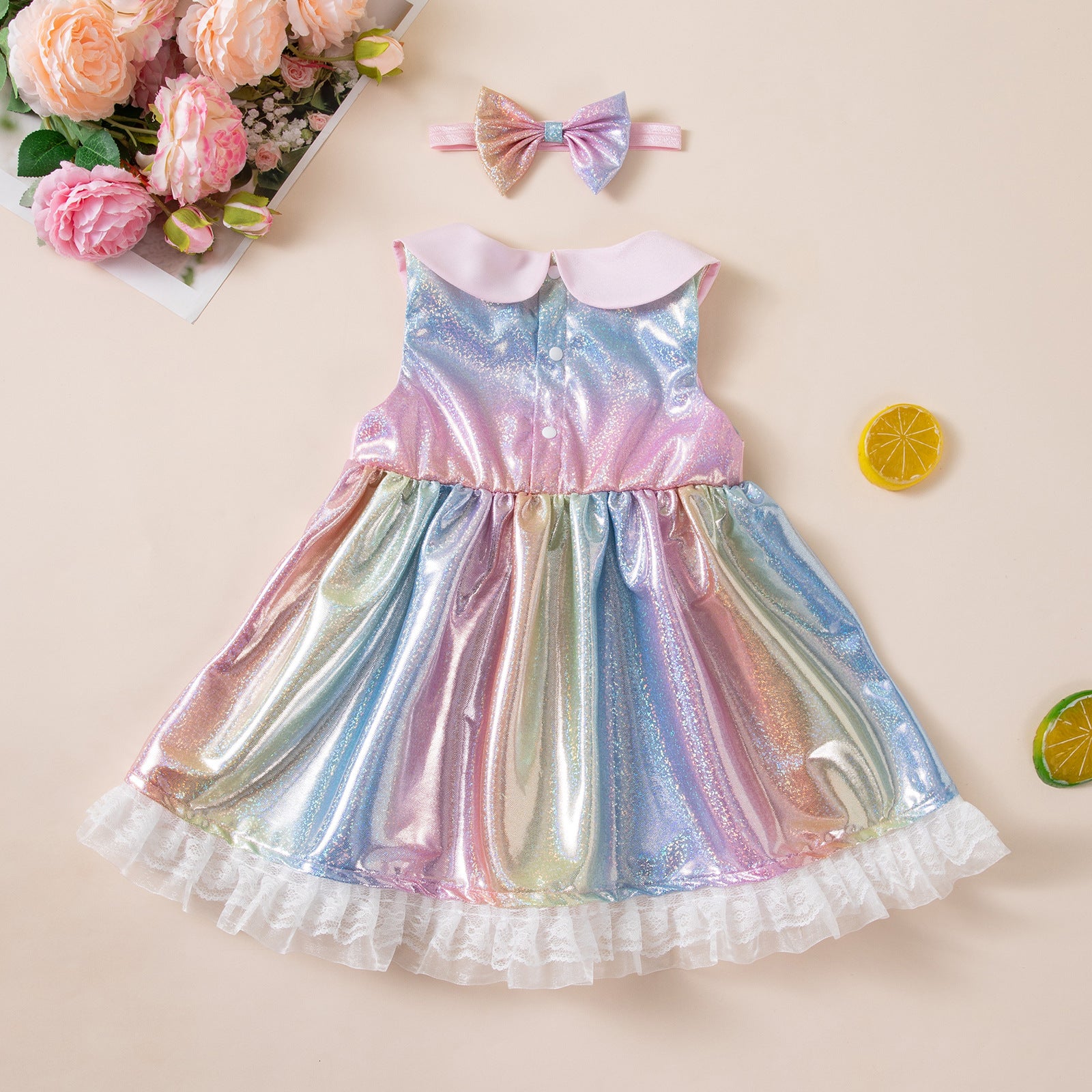 Wholesale Summer Trendy Girls Rainbow Princess Dress Sleeveless Doll Collar Sequin Bow Waist Party Photo Polyester